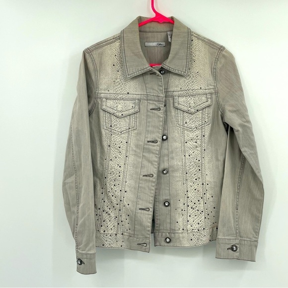Chico’s Platinum Jean Jacket - Animal Print - 2-Tone Gray -Chico' Size 0 (Small) - Picture 1 of 10